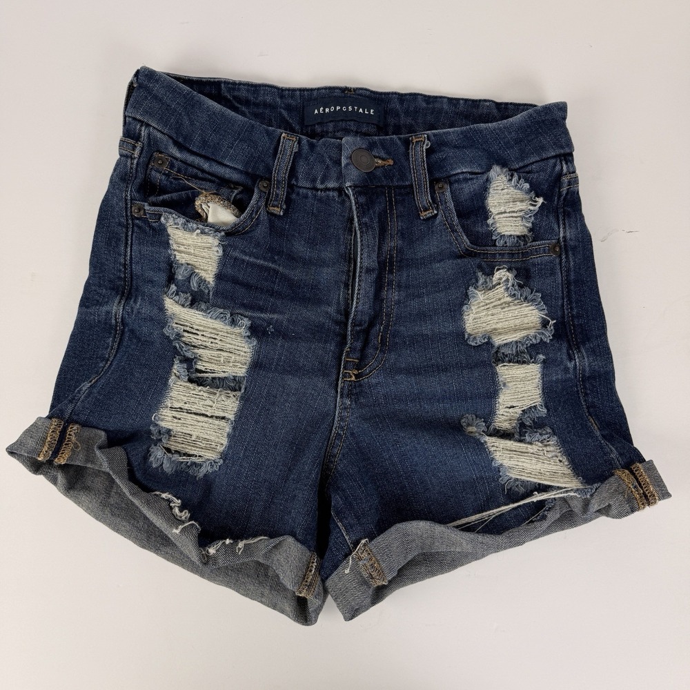 Aeropostale High Rise Curvy Midi Denim Shorts Distressed Blue 6